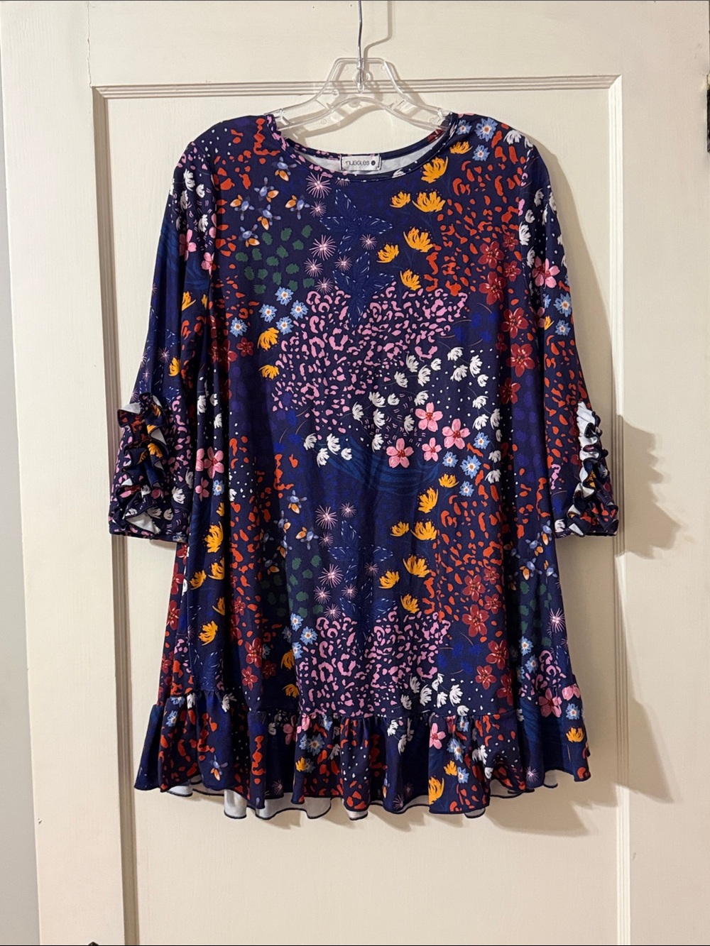Nuggles Navy Blue Multicolored Ruffle Floral Tunic Top Size Large